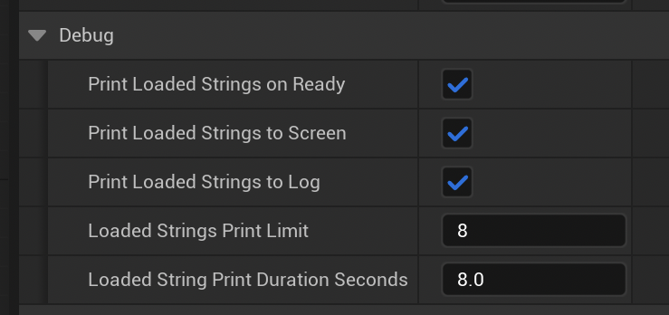 Unreal Details panel Debug section with Gaia loaded string print options enabled.