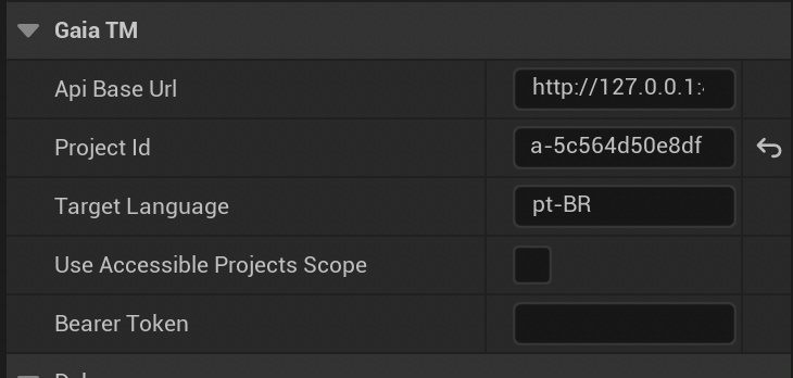 Unreal Gaia TM Details section with API base URL, project ID, and target language fields.