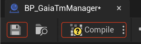 Unreal Blueprint toolbar Save and Compile buttons.