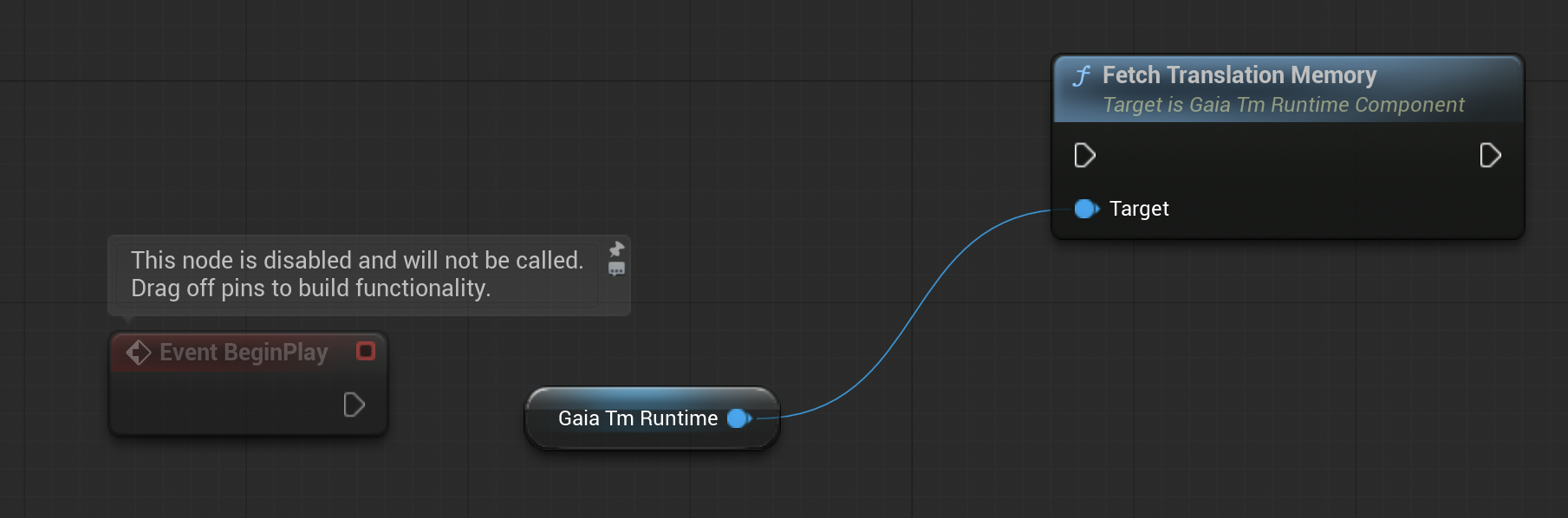 Unreal Blueprint Fetch Translation Memory node connected to GaiaTmRuntime target.