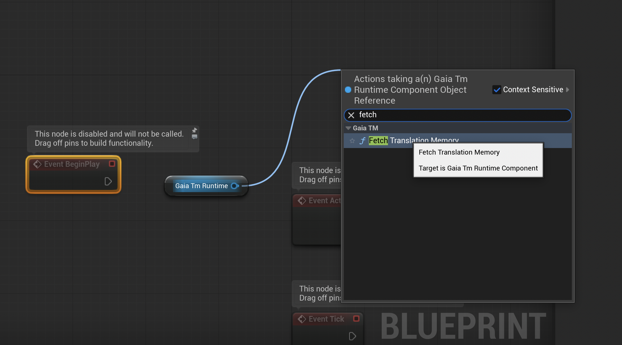 Unreal Blueprint action search showing Fetch Translation Memory from GaiaTmRuntime.