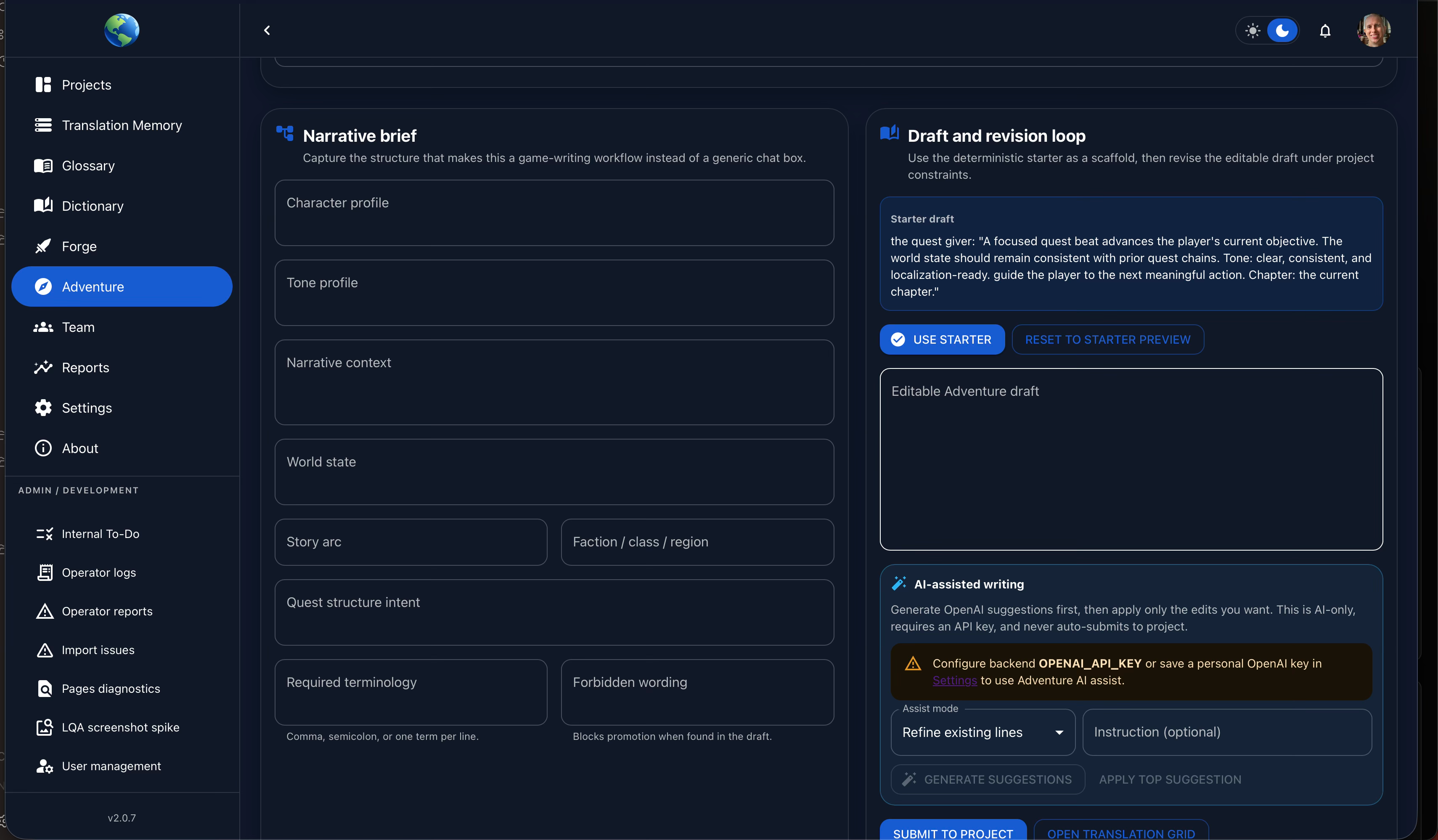 Gaia Adventure workspace with narrative brief fields, starter draft, editable adventure text, and AI assist controls.