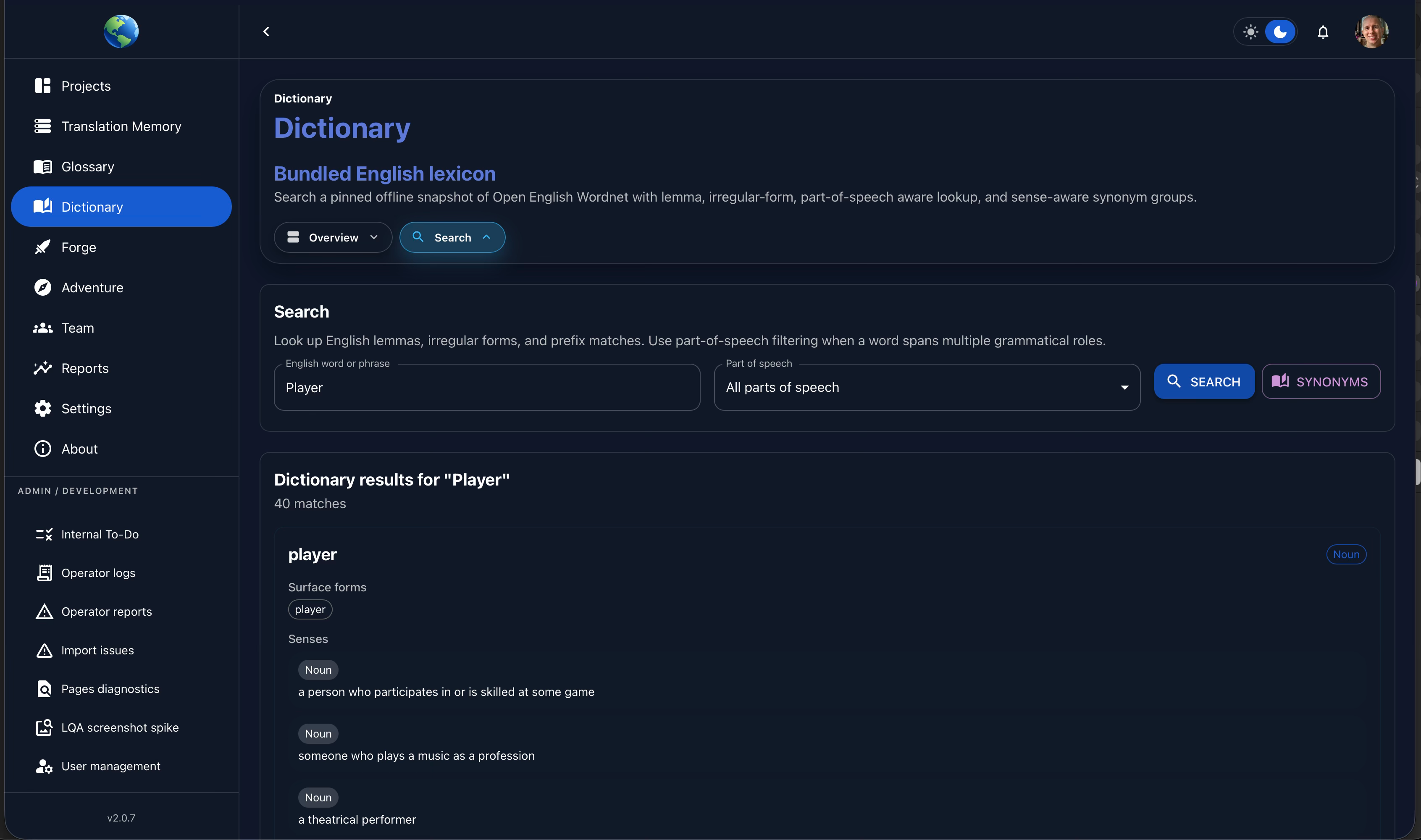 Gaia Dictionary screen showing bundled English lexicon search for the word Player with senses and synonyms.