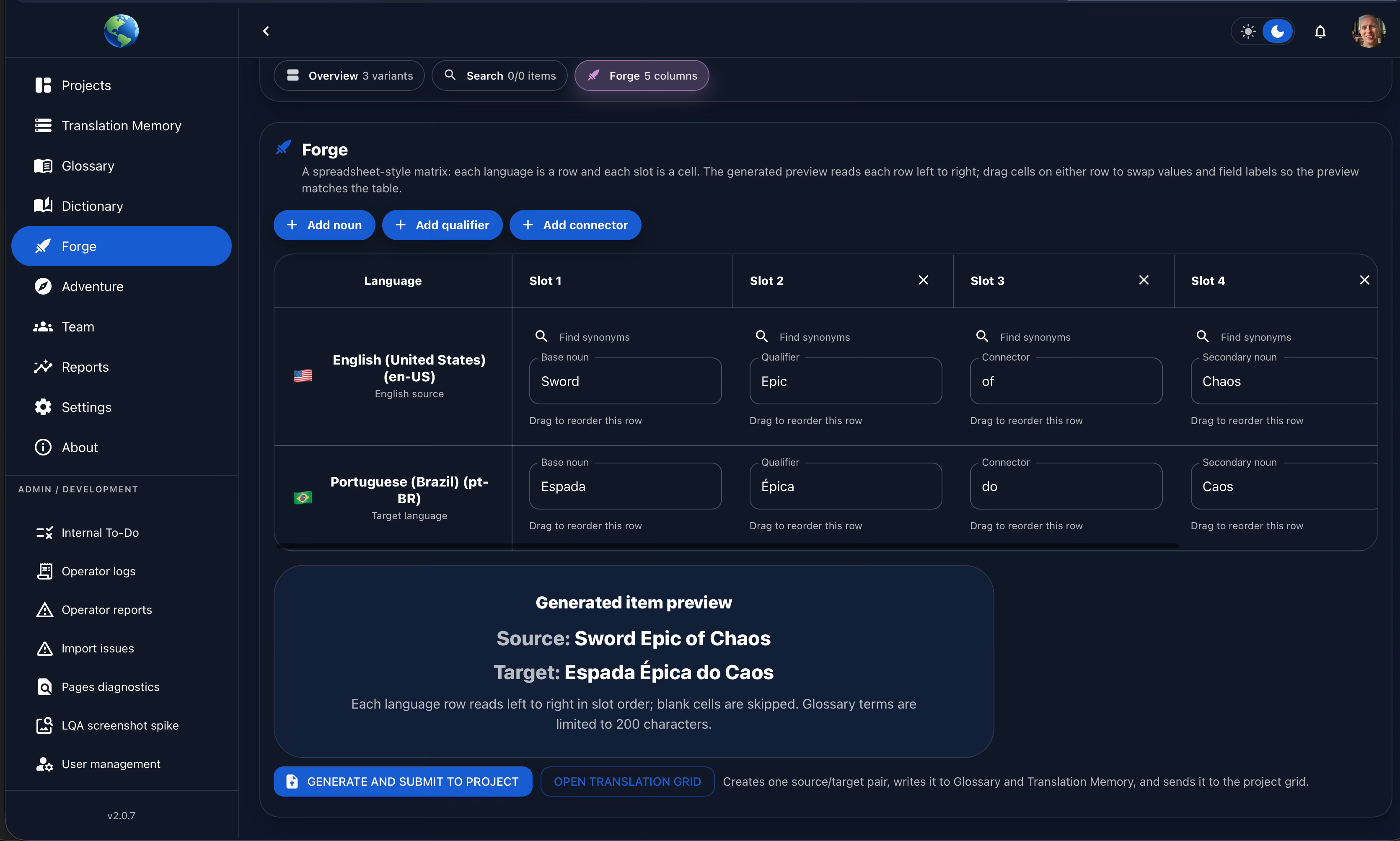 Gaia Forge matrix with language rows and slots combining nouns, qualifiers, and connectors with a live generated item preview.