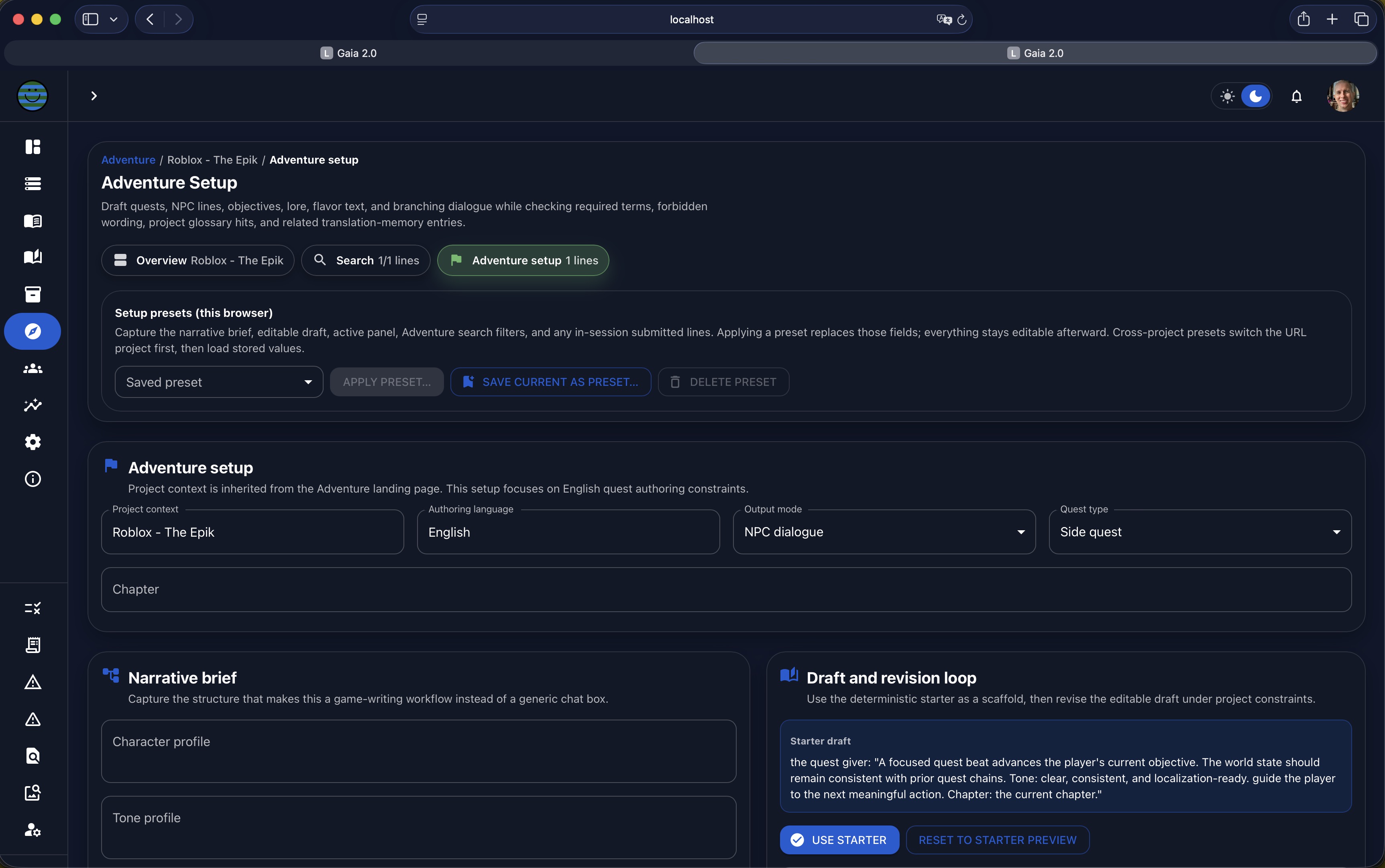 Gaia Adventure workspace showing setup presets, Adventure setup fields, narrative brief controls, and a draft and revision area.