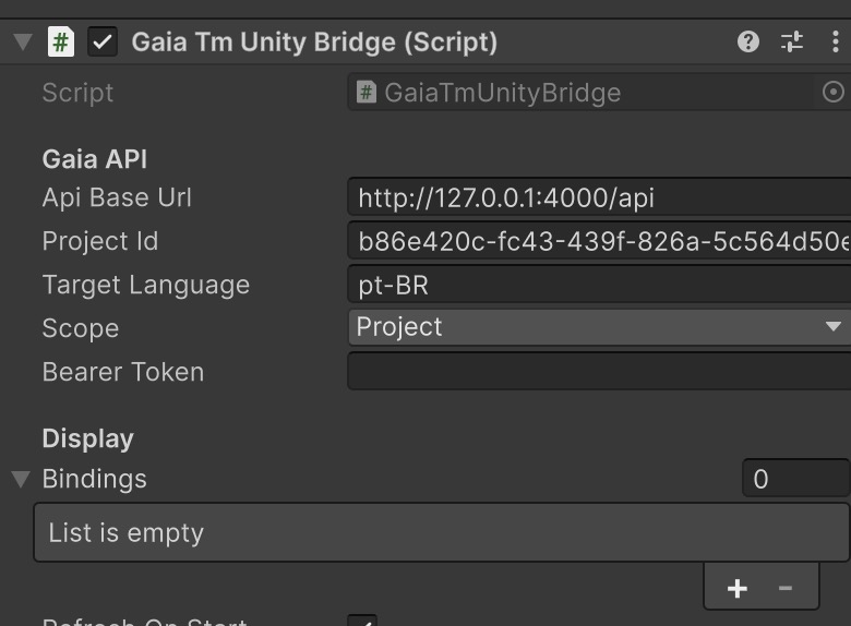 Gaia Unity Engine integration showing live localized UI text validation.