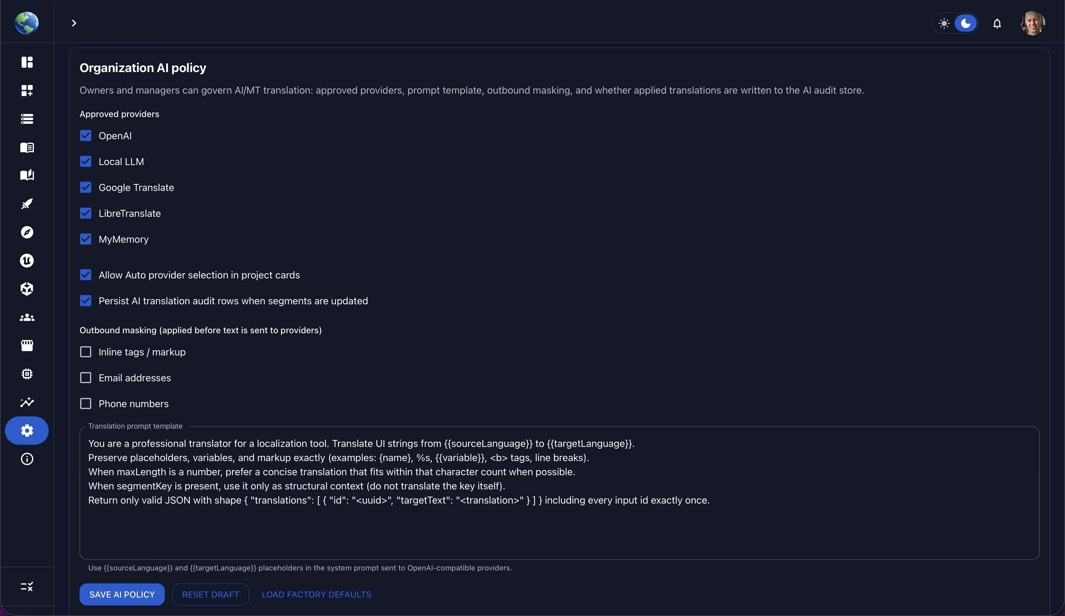 Gaia Organization AI translation policy screen with provider, prompt, masking, and audit controls.