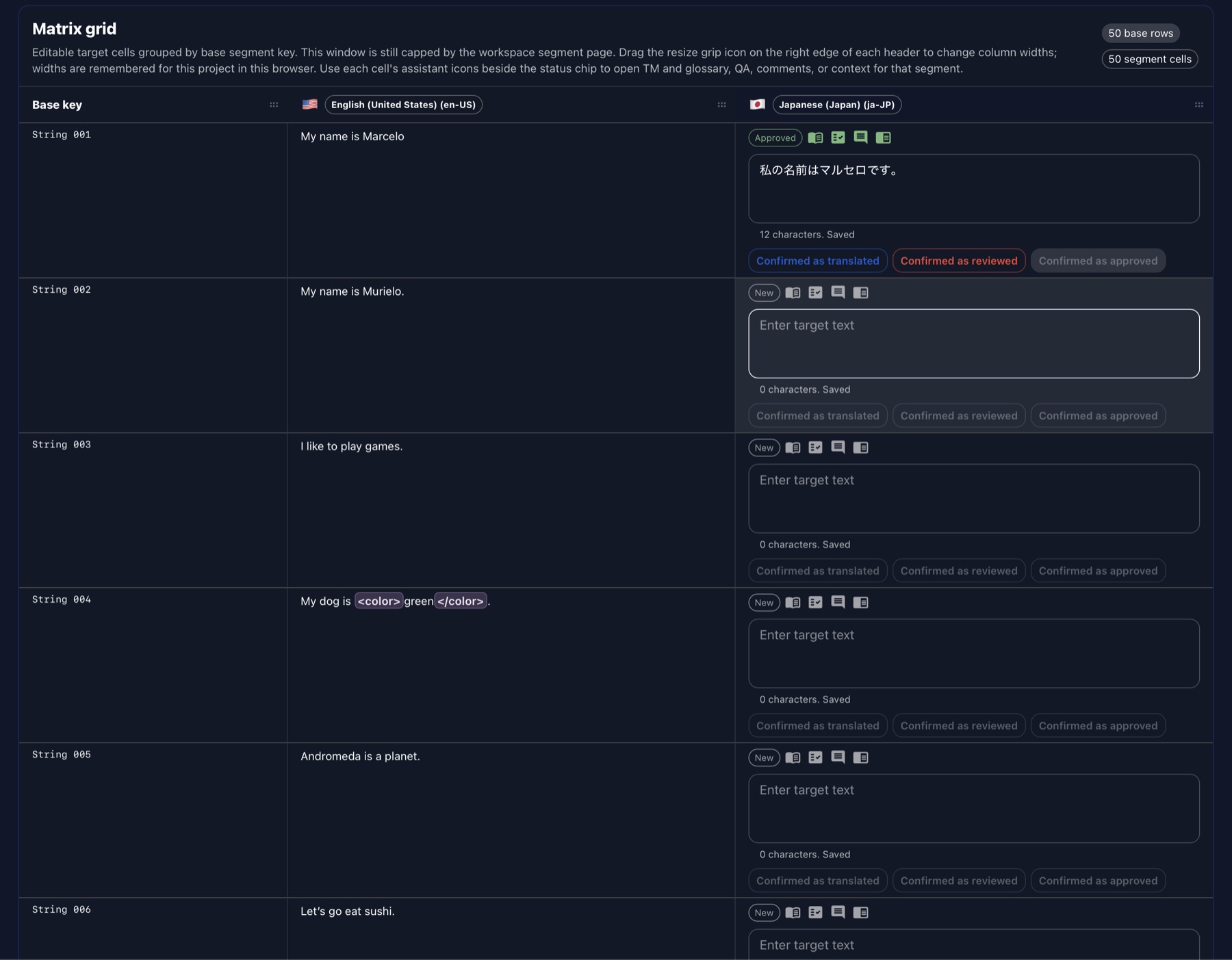 Gaia matrix grid view showing source strings, target translations, review states, and editing controls.