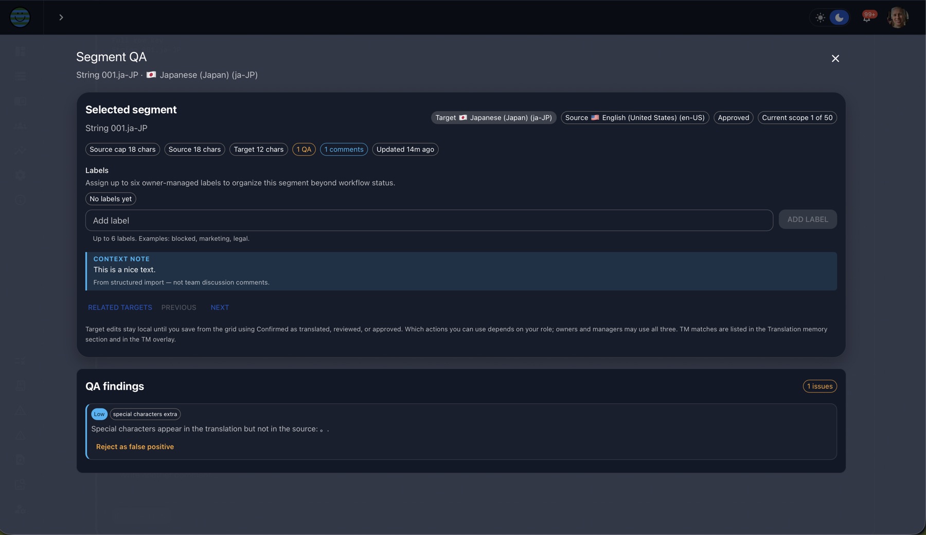 Gaia QA screen showing a selected segment and QA findings.